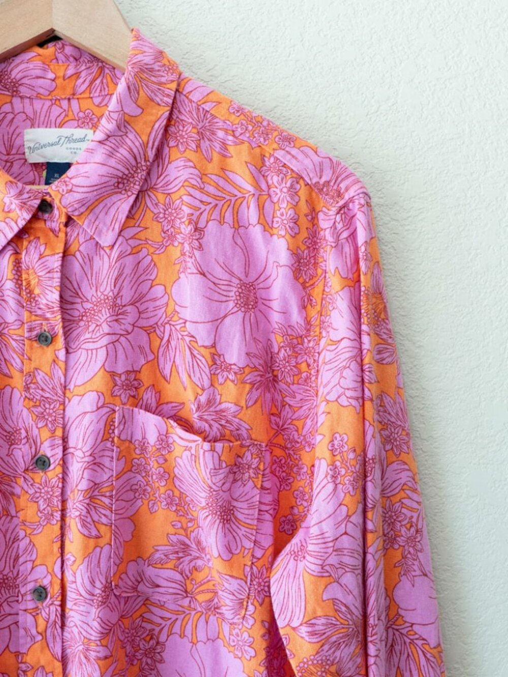 Universal Thread Floral Linen Blend Button Shirt XL Pink Orange Long Sleeve Top - Picture 5 of 13